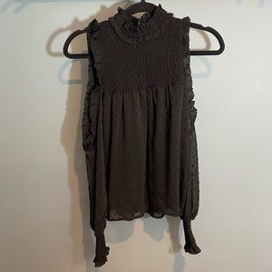 Renvy Cold Shoulder High Neckline Swiss Dot Chiffon Blouse in Black